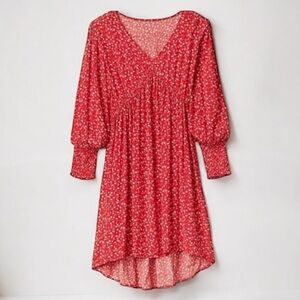 🗽Vibrant Red Floral Gap Dress Long sleeves w/elastic|Hi-Low| M | V-Neck |Pocket
